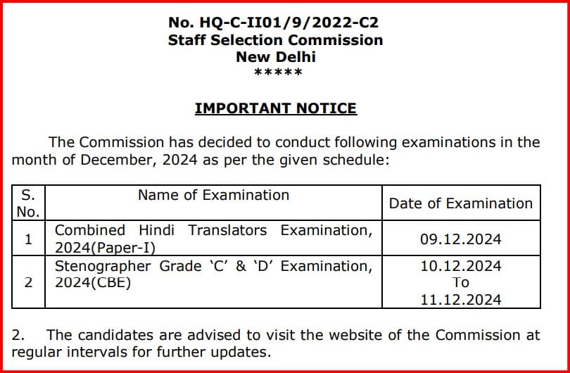 SSC Stenographer Group C and D Exam Dates