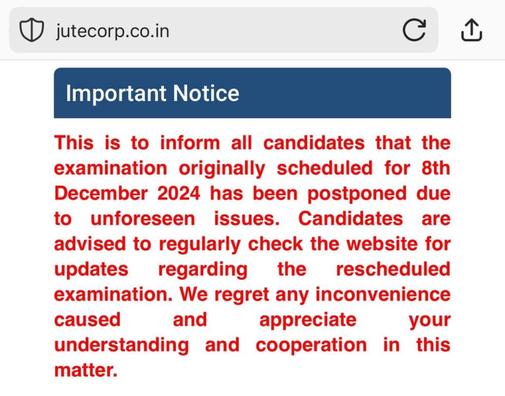 Jute Corporation of India (JCI) Exam Postponed